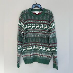 Aspen Fair Isle 100% Cotton Crewneck Green Reindeer Sweater, size M